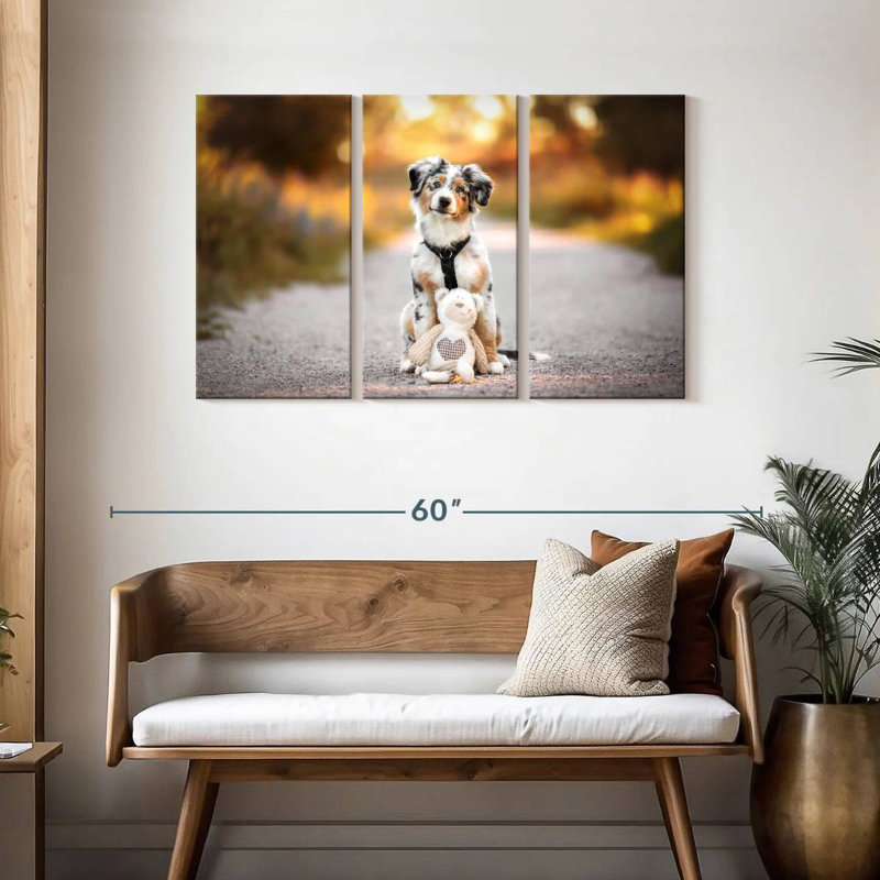 Chien avec ours en peluche, H 28 po x l 45 po