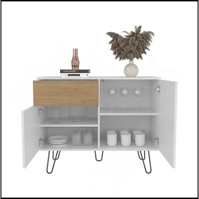 Console Tori de 39 po de largeur avec deux armoires, un tiroir et quatre tablettes, blanc - chêne naturel