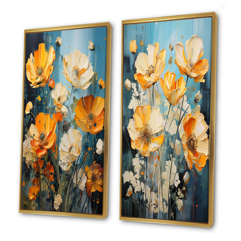 «Buttercups Burst With Fierce Brushwork» - Ensemble de 2 impressions sur toile Buttercups, Cadre flottant doré