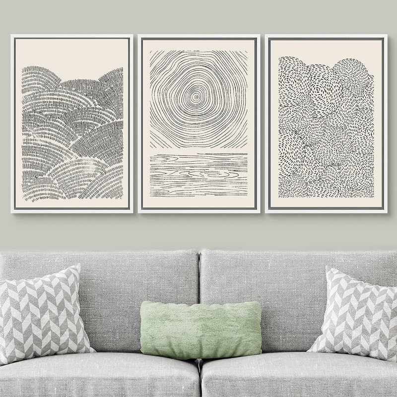 «Geometric Spiral Ring Wave», motif abstrait de formes douces et neutres encadrées sur toile, reproduction de 3 pièces