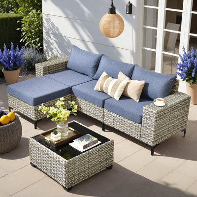 Outdoor Wicker Sectional Sofa Set with Ottoman, Coffee Table, Cushions and Throw - Ideal for Patio Relaxing by Wrought Studio