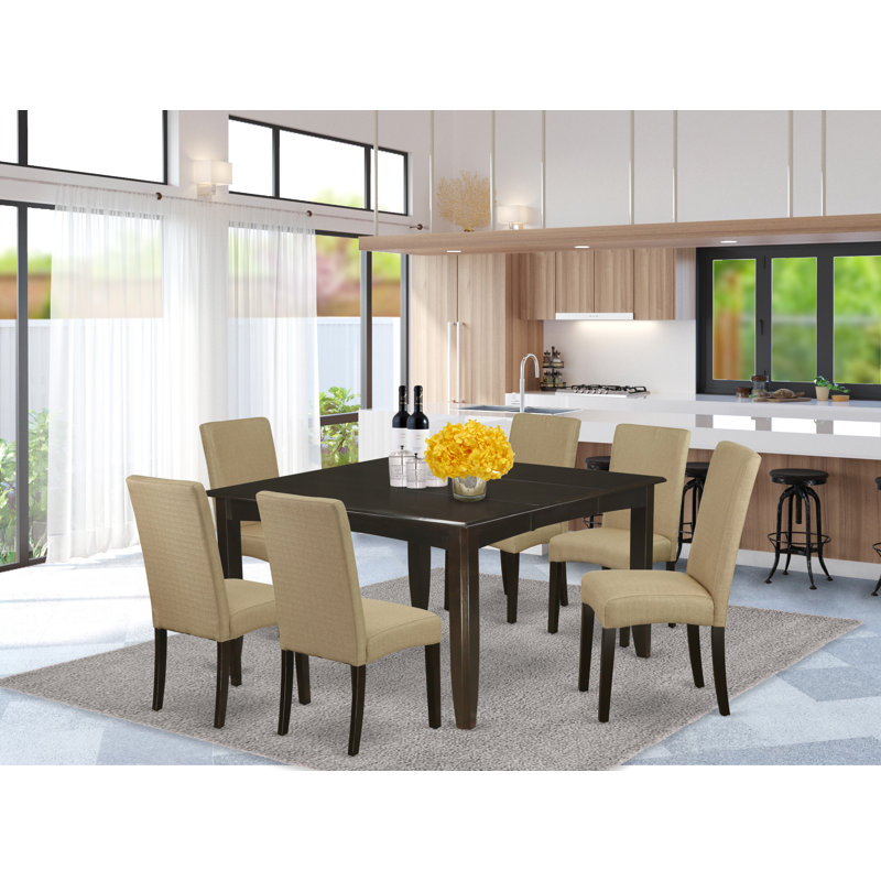 7 Piece Modern Dining Table Set Consist of a Square Wooden Table with Butterfly Leaf and 6 Brown Linen Fabric Upholstered Chairs, Cappuccino