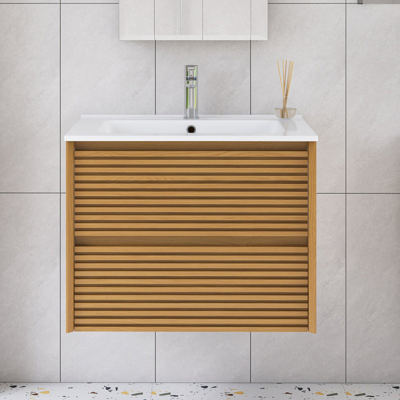 24 In. W Single Sink Wall Mounted Bath Vanity With White Basin, Oak