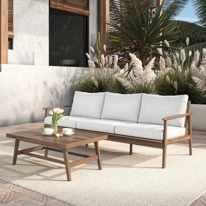 Ensemble d'extérieur 2 pièces en bois d'acacia massif avec canapé et table basse Lyon, Naturel