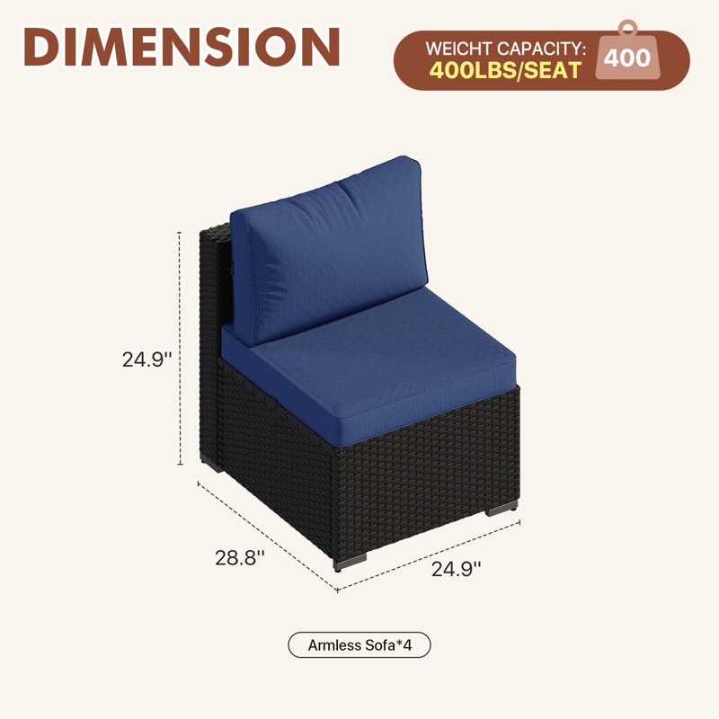 4 -Person Rattan Patio Safo With Cushions, Blue, Black