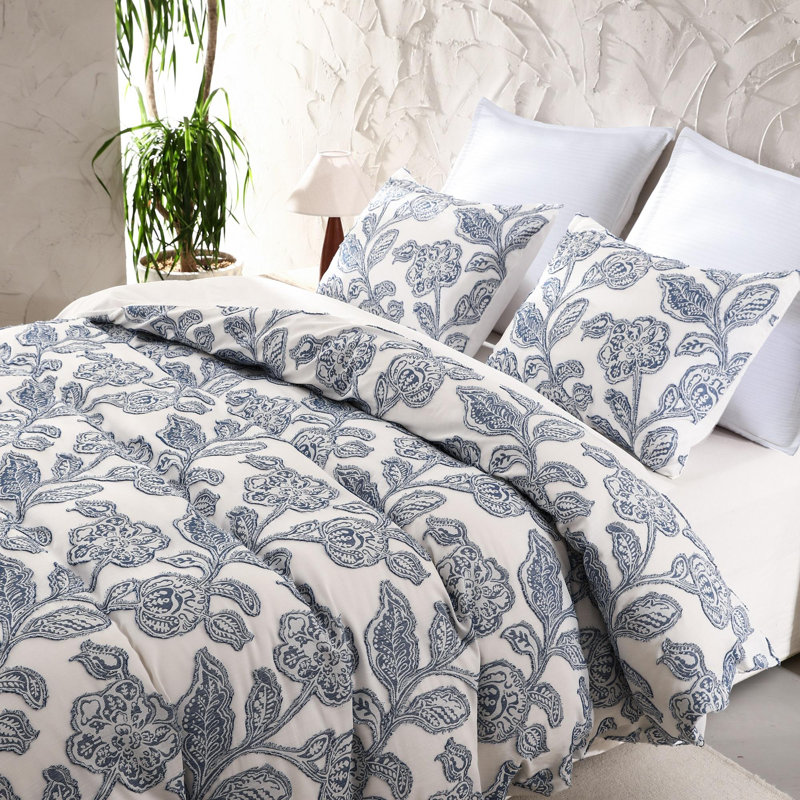 Cotton Clipped Jacquard Jacobean Floral Duvet Cover Set, Blue, Twin Duvet Cover + 1 Standard Sham
