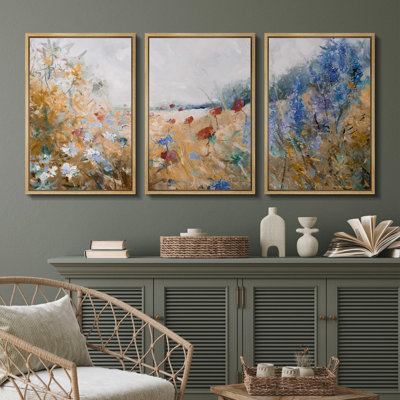 " Impressionist Wildflowers Floral Illustration Modern Decor Multicolor Relax Calm Chic " 3 - Pieces on Canvas
