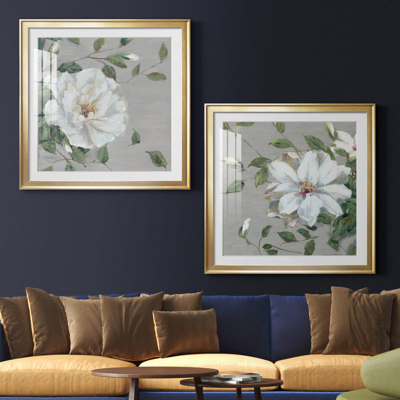 «Garden Melody I», ensemble de 2 reproductions d'art encadrées, H 34,5 po x l 69 po x P 1,5 po, Papier encadré doré, Blanc