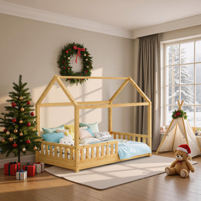Lit en bois massif avec garde-corps, lit de sol Montessori pour enfants, base de lit pour tout-petit à lattes