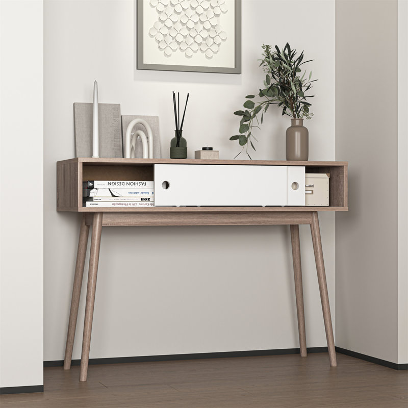 Table d'entrée avec 2 portes coulissantes blanches, console avec espace de rangement et pieds en bois, table de canapé derrière le canapé pour le couloir, salon, couleur naturelle