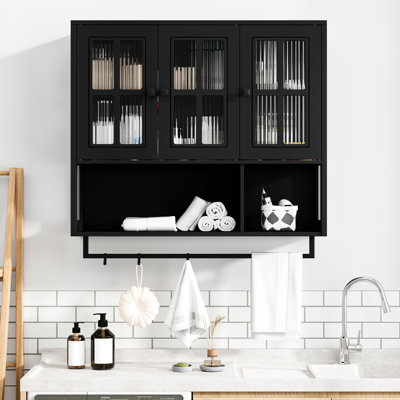 Meuble de salle de bain 3 portes, noir, style minimaliste moderne, avec portes vitrées en verre trempé, rangements ouverts et fermés, porte-serviettes pour salon, bar ou salle à manger.