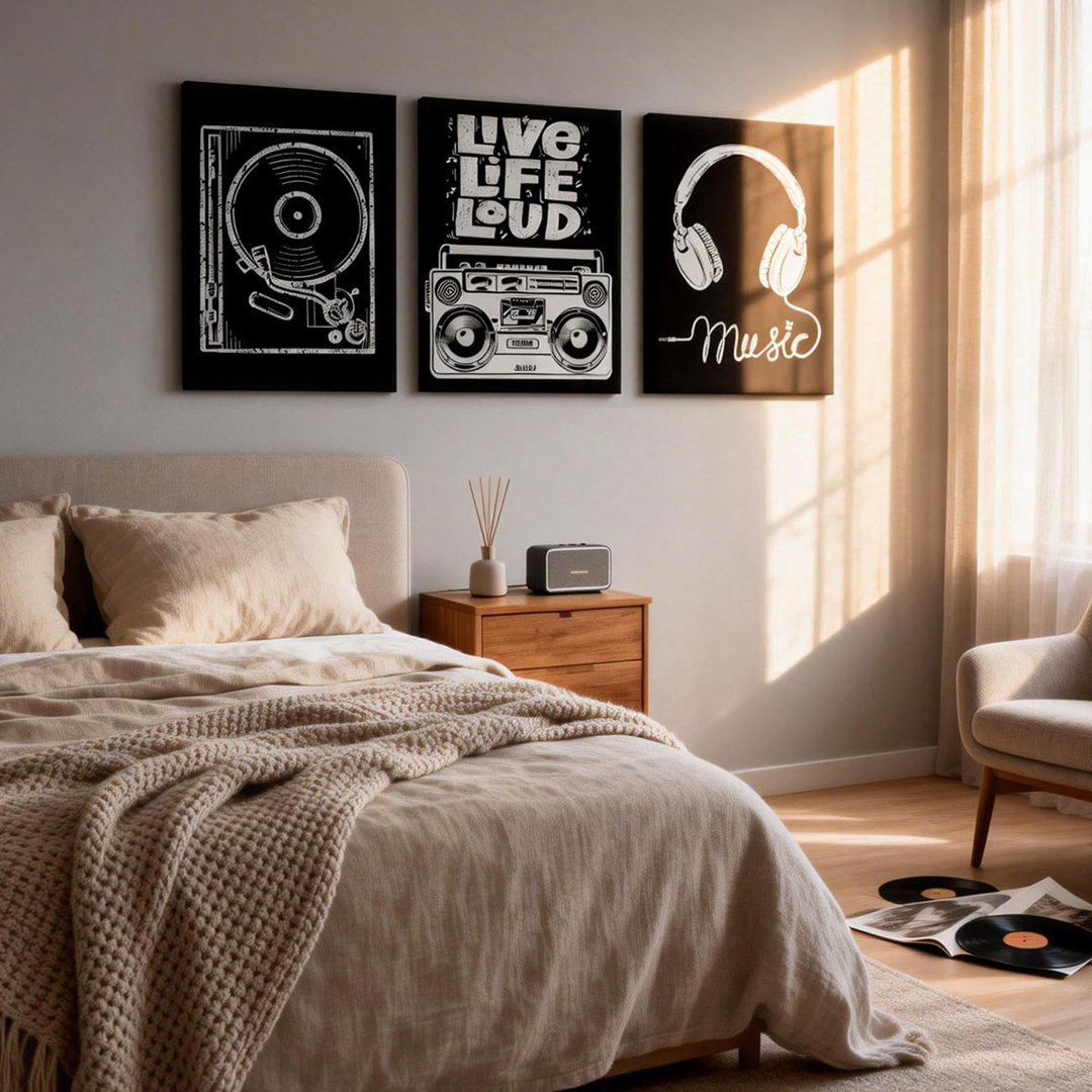 3 Pcs Black And White Music Canvas Framed Wall Art, Vinyl Record Painting Poster Print Retro Font Design Rock Music Lover Decorative Images Suitable F
