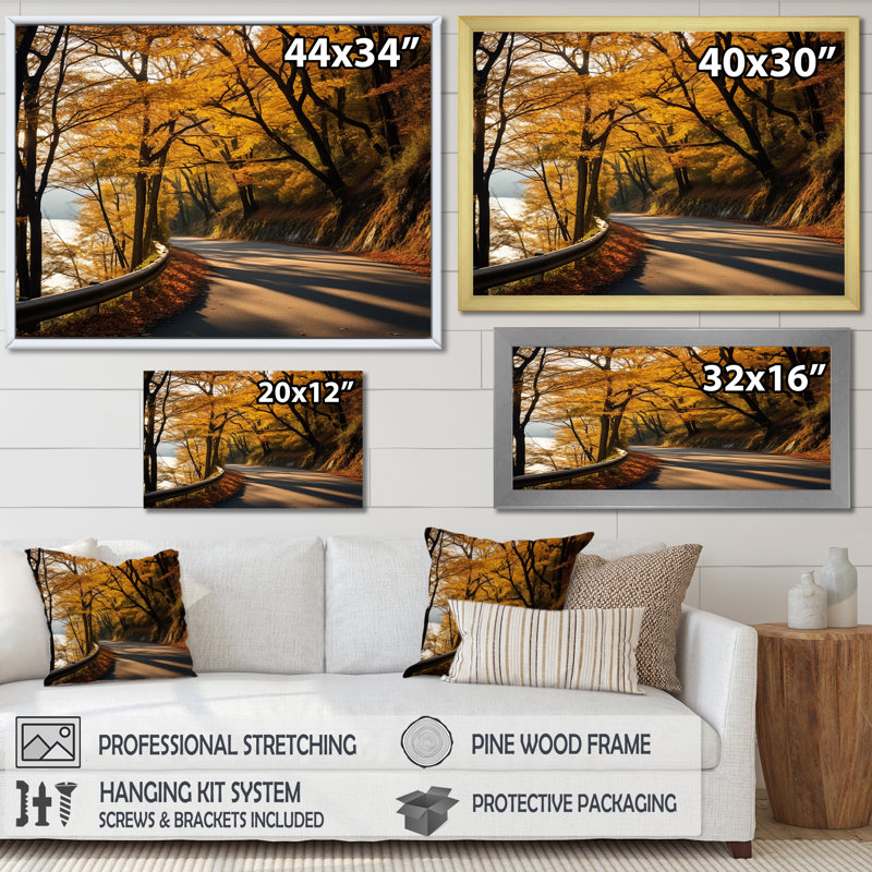 Route dorée d'automne I - art mural route, Cadre de coin argenté fermé, H 12 po x l 20 po x P 1 po