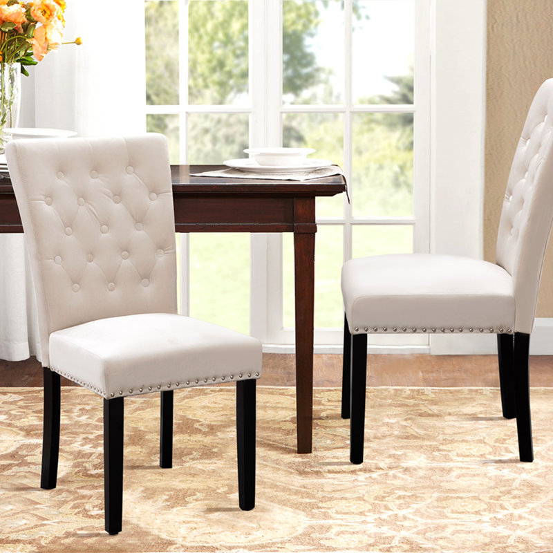 Chaises ergonomiques et luxueuses avec panneaux en bois massif et garniture en velours argenté, ensemble de 2, blanc