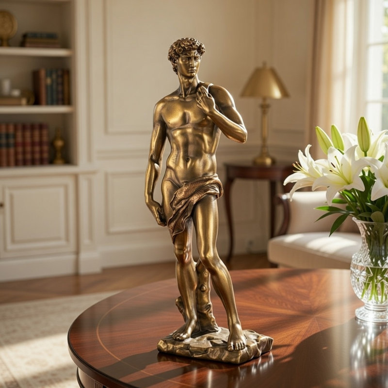Statuette décorative classique David, plateau de table en polyrésine doré antique de 14 pouces