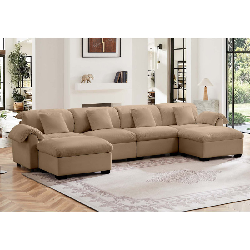 Canapé modulaire en velours avec rangement et repose-pieds Rowan, Velours havane