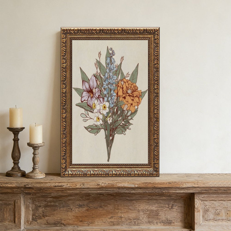Cadre mural vintage orné de motifs floraux – Cadre décoratif doré pour œuvres d'art., L 8 po x l 12 po