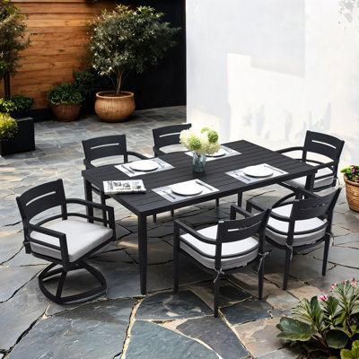 7-Piece Outdoor Patio Aluminum Furniture, Modern Dining Set, Including 4 Dining Chairs & 2 Swivel Rockers Sunbrella Fabric Cushioned And Rectangle Dining Table With Umbrella Hole, Ember Black