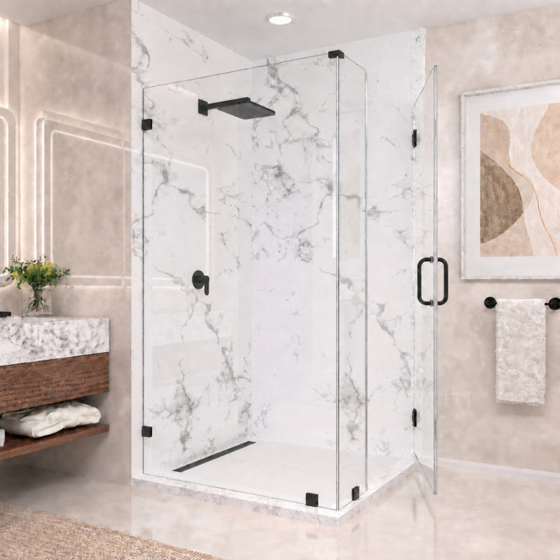 Cabine de douche d'angle à charnières murales sans cadre Nirvana, dimensions : 101,6 cm (L) x 91,4 cm (P) x 192,8 cm (H), verre clair facile à nettoyer de 10 mm d'épaisseur, fini noir mat.