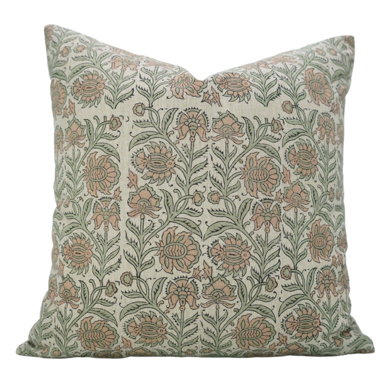 Fabdivine Vintage Block Print Decoretive Cushion Cover- Jaipuri Jaal, 14"H x 14"W, Peach