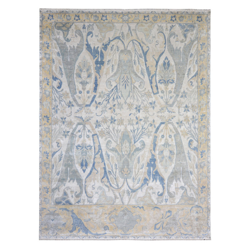 Hand Knotted Wool/Silk Oriental Area Rug in Ivory/Blue/Gray, Rectangle 10' x 14', Cream/Gold