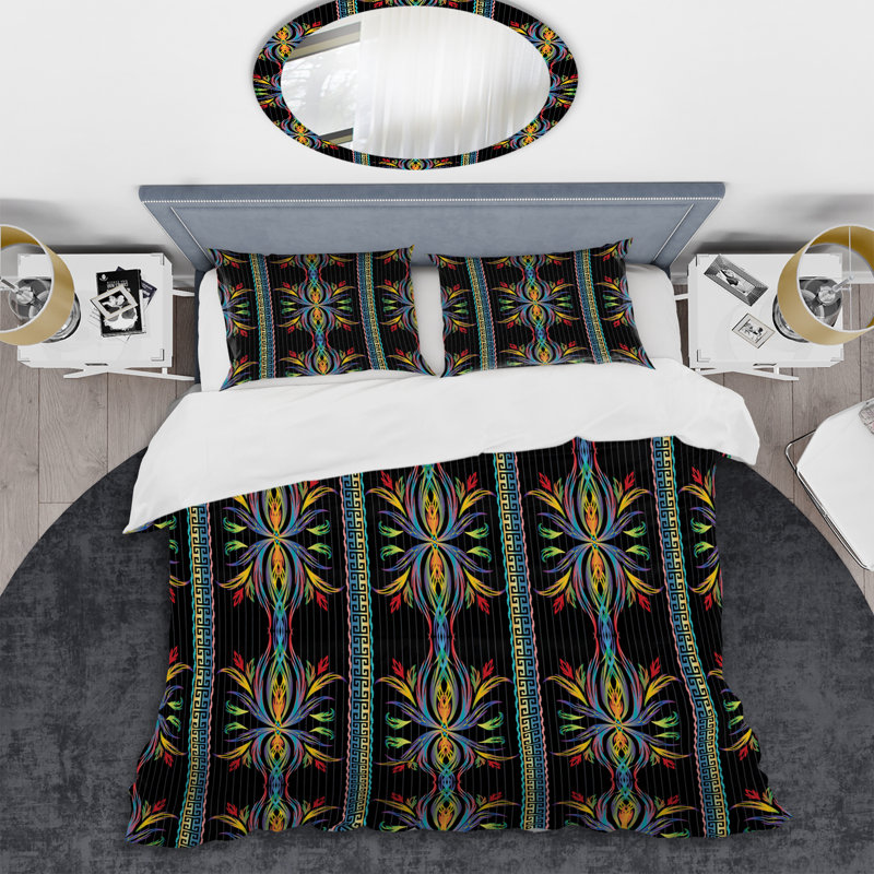 Black and Blue Striped Pattern Polyester Floral Duvet Cover Set