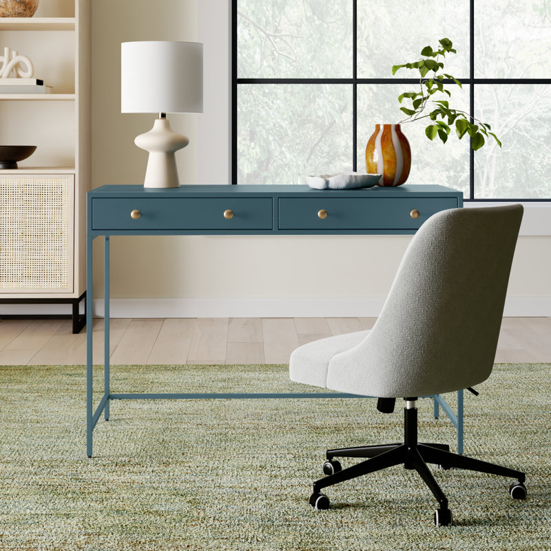 Springer Julina Rectangular Iron 2-Drawer Writing Desk with Built-In Outlet and Cable Management, Blue