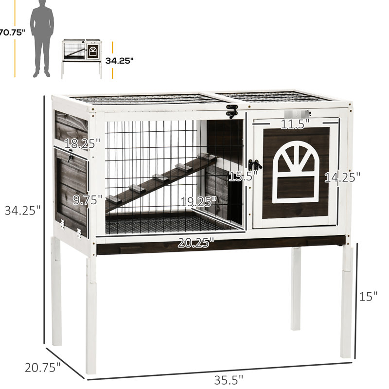 Cochon d'Inde solide d'intérieur - cage à lapin avec couloir spacieux, portes verrouillables, plateau propre amovible, entrées café, hygiène détachable brun