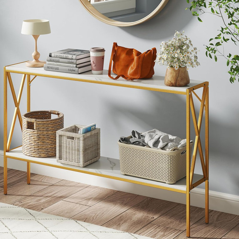 Console étroite 47 po - Faux marbre / noir - Table d'entrée industrielle à 2 niveaux avec tablettes de rangement ouvertes et structure en métal en forme de X