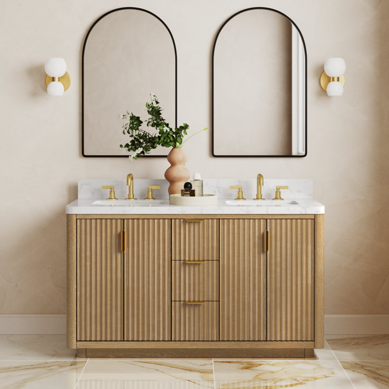 Adela 60'' Double Bathroom Vanity with Cultured Marble Top, Brown, White, Gold