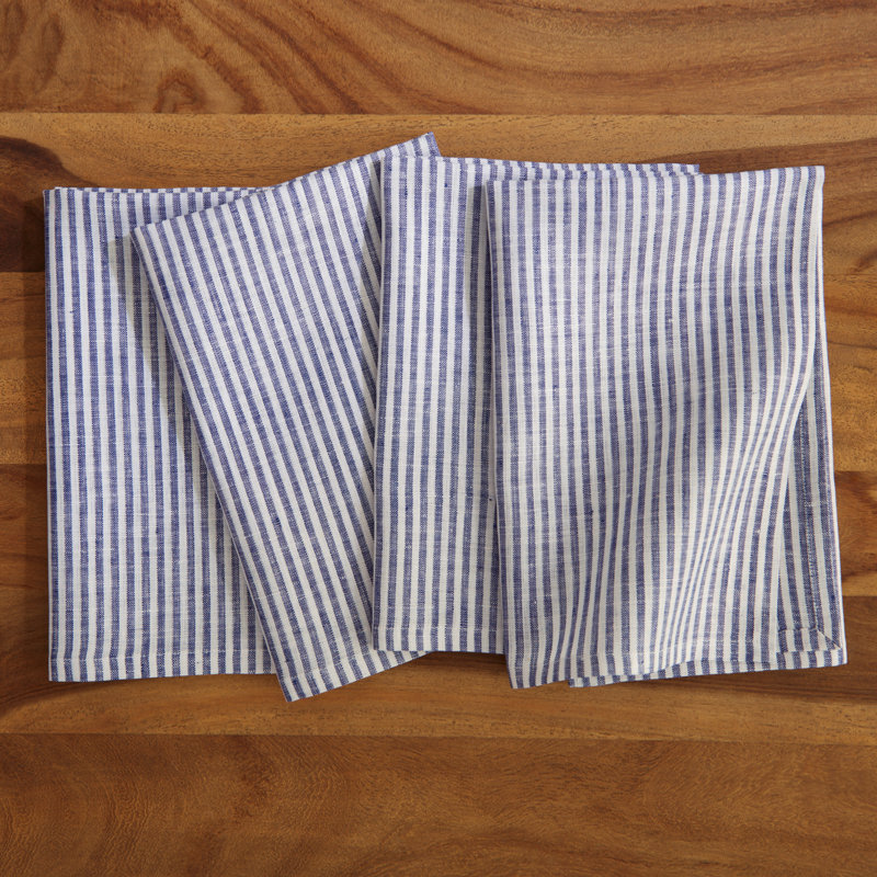 Navy and White Striped Pure Linen Dinner Napkins, Set of 4