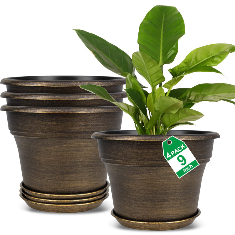 Plastic Flower Plant Pots Set of 4, 6.3" H x 9" W x 9" D, Gold