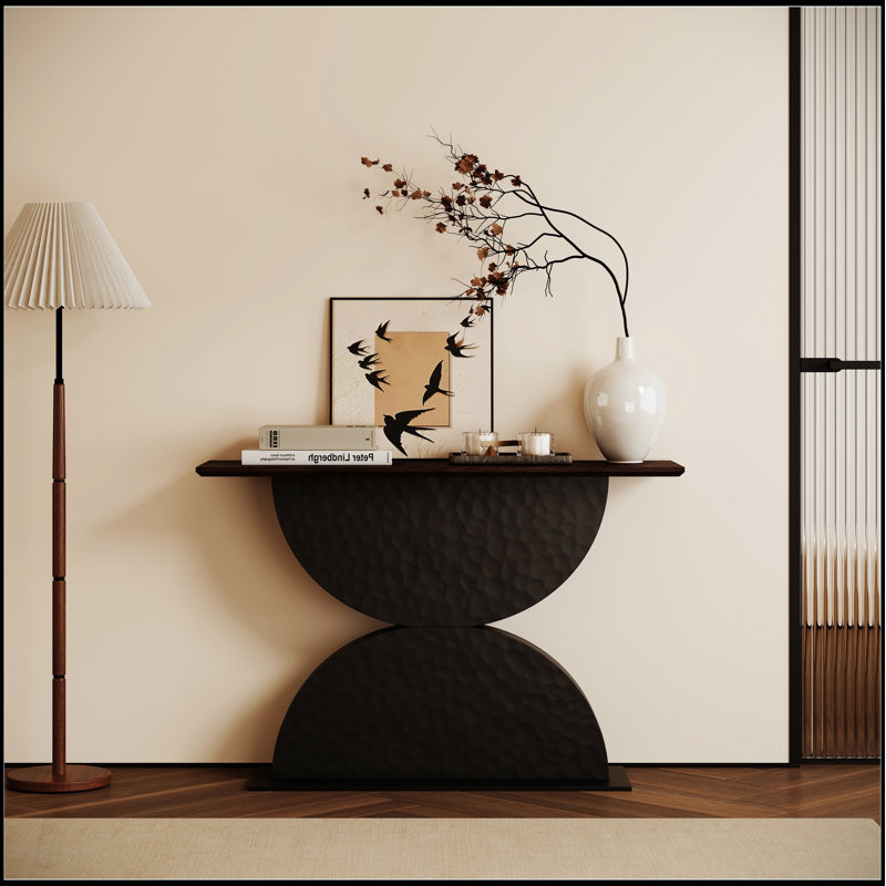 47'' Double Semi-Circles 3D Hammer-Shaped Texture Base Wood Console Table With LED Light, Ideal For Modern Entryways And Living Rooms