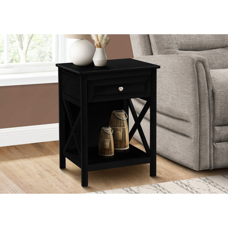 Table transitionnelle 2 avec placage noir et rangement, idéale pour la table de chevet de la chambre à coucher ou le salon à 2 niveaux en placage, tablette de tiroir de rangement, espaces