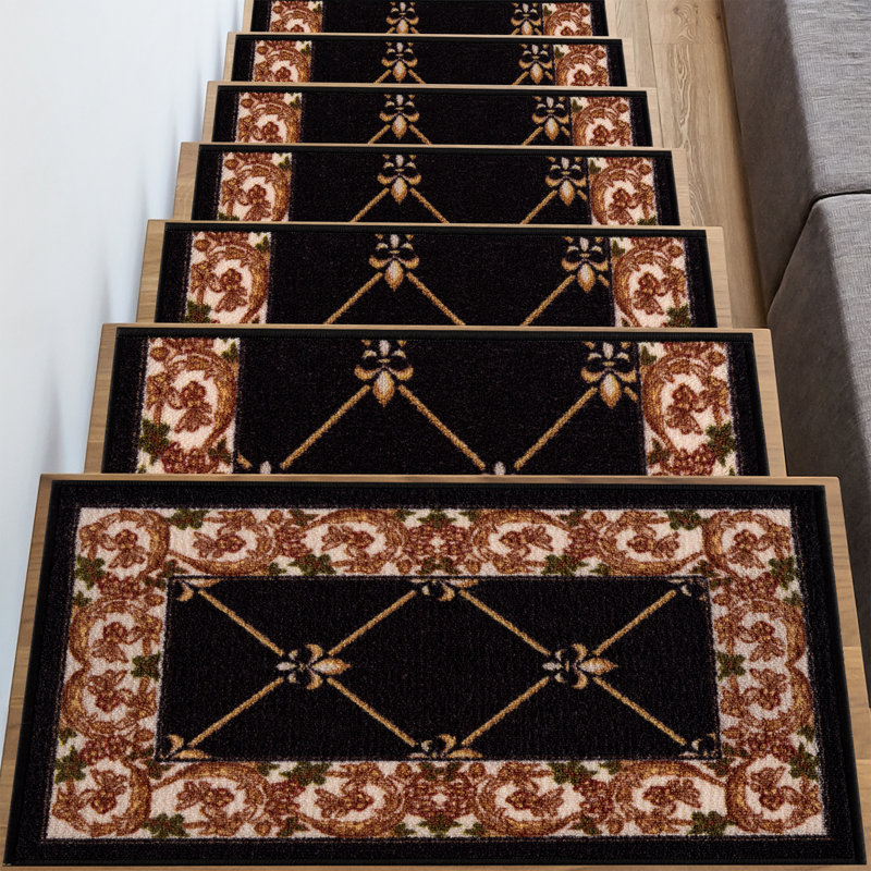Tapis d'escalier bleu marine / brun / vert / crème Aadhan, Noir / beige, 1