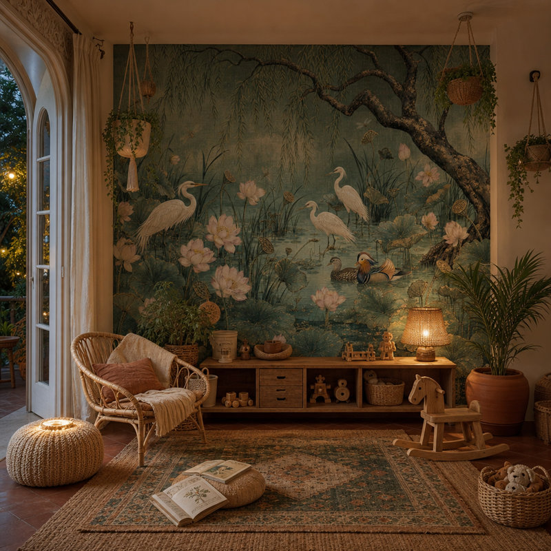 Décoration murale amovible Lotus Pond Willow Tree Egrets, 140"x108", Texturé non collé