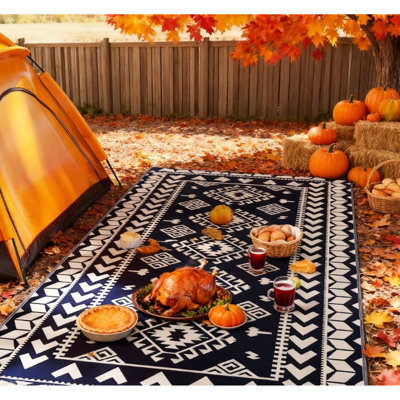Tapis d'extérieur réversible pour patio et camping, 9 pi x 18 pi, patchwork losange bleu blanc, polypropylène avec sites de revêtement protecteur