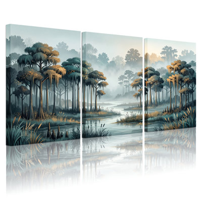 Misty Forest Art, reproduction d'art sur toile tendue sur toile, ensemble de 3, pour salon, chambre à coucher, décoration intérieure