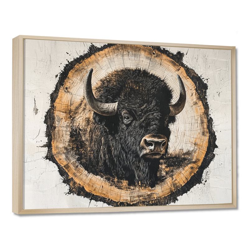 Tête de bison américain Mariluz sur bois, diapositive II - bison, art mural, H 24 po x l 32 po, Cadre flottant, Doré