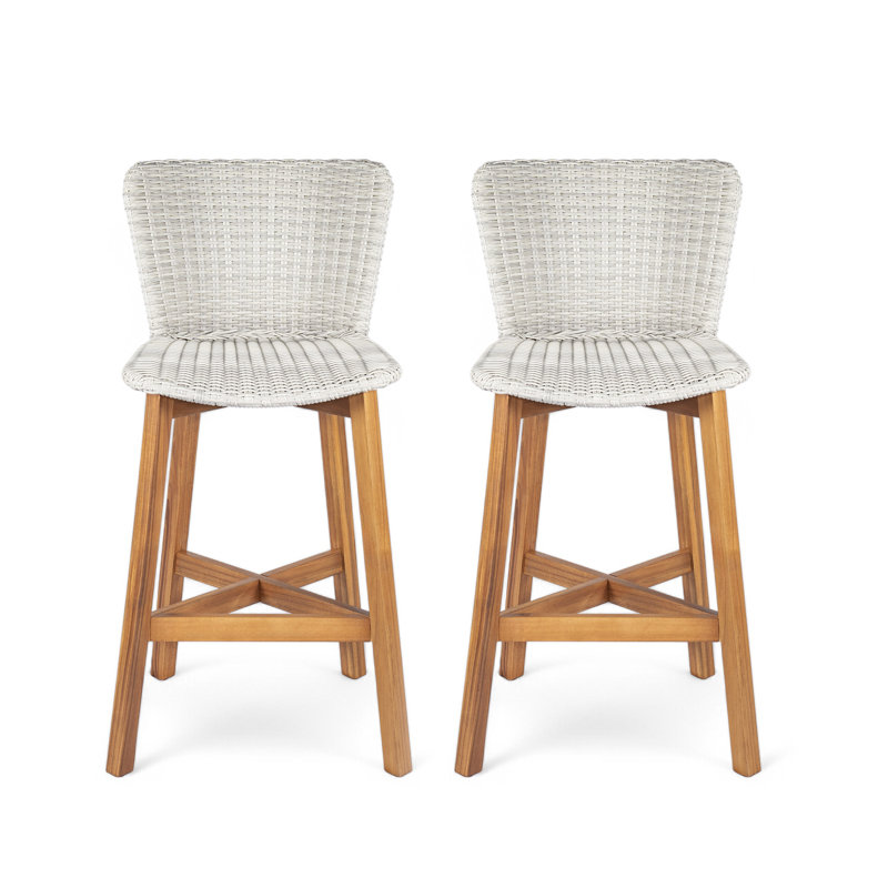 Tabouret de bar d'extérieur en bois fini teck avec osier gris clair, ensemble de 2 | Idée de cadeau, Gris clair