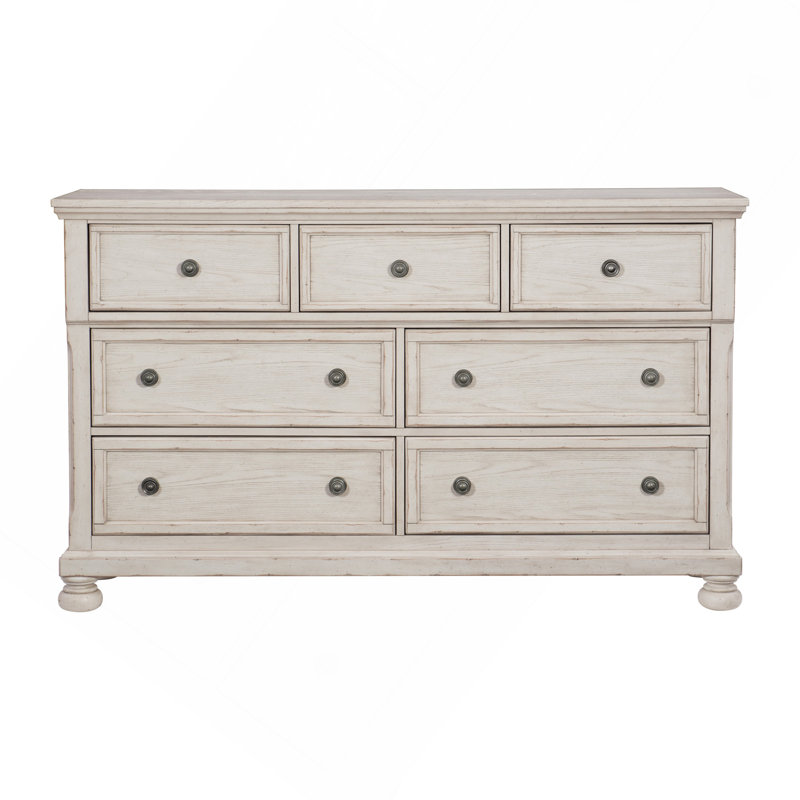 Commode de 7 tiroirs au fini blanc antique, Blanc