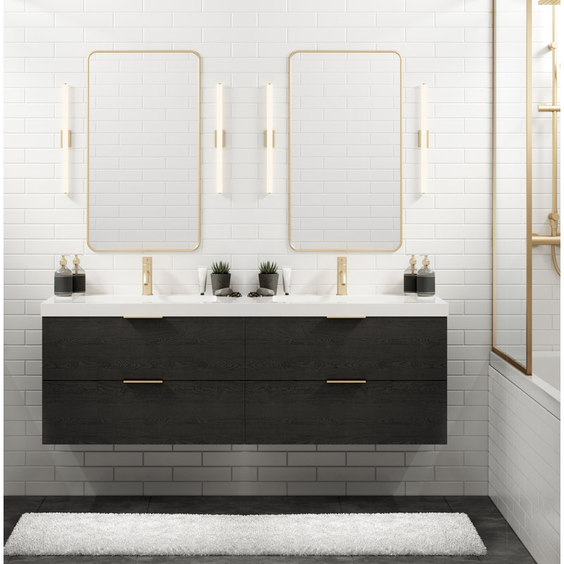 Avila 60" W Wall Mounted Double Bathroom Vanity, Matte White/8" Widespread, Satin Nickel, White Acrylic