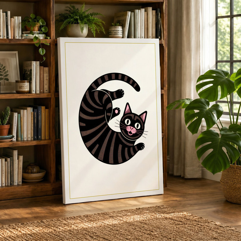 Striped Cat Crescent Retro - Wrapped Canvas, 18x12 - 45.7 x 30.5 cm, Cream Border