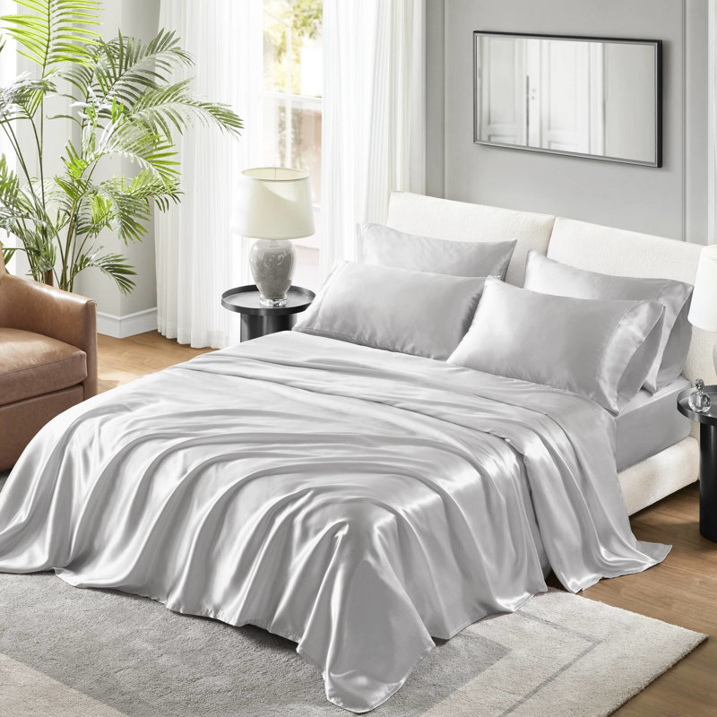 Drap-housse de luxe gris 100% satin 4 pièces - froissé, lisse et soyeux, apprivoisé, ajusté pour matelas de 16 po, taies d'oreiller à bout ouvert,
