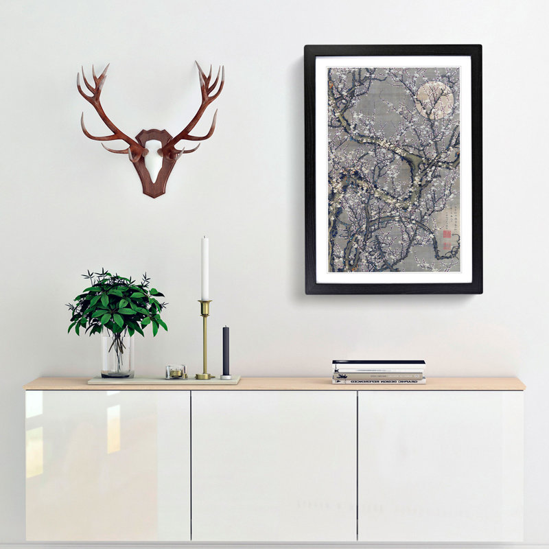 White Plum Blossom & Moon by Ito Jakuchu - Framed Print, 65cm H x 48cm W x 2cm D, Black Framed