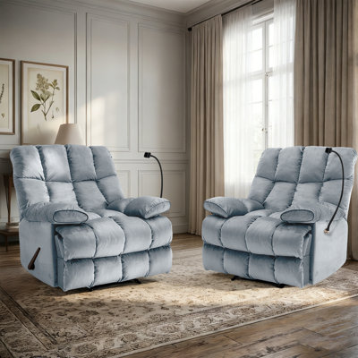 Manual Handle/Lever Recliner Chair with Sturdy Metal Support Frame, Extra Thick Padded Armrest & Built-in Phone Holder, Velvet Recliner for Living Room, Bedroom, Home Theater(set Of 2)-Blue