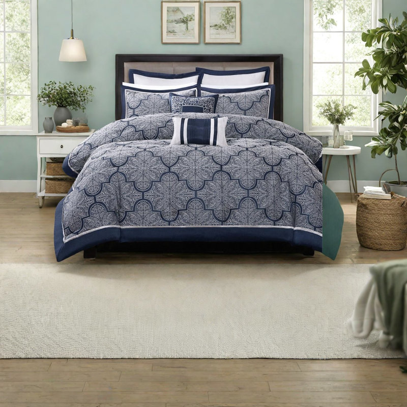 Ensemble de literie bleu marine élégant, jacquard en polyester, très grand