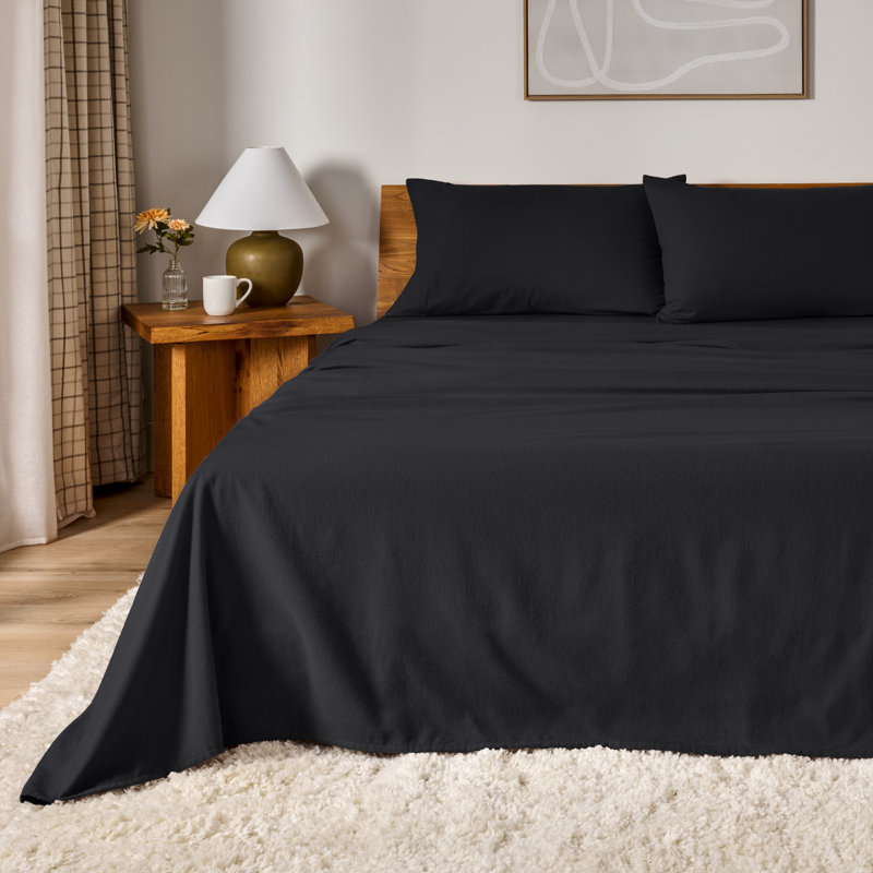 100% Cotton Flannel Sheet Set, Full / Double Sheet Set with 2 Pillowcases, Black