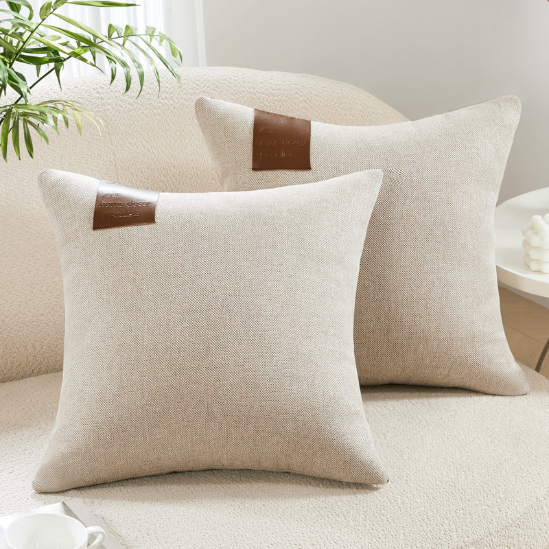 Decorative Solid Pillow Covers with Leather Label (Set of 2), Natural Beige, 18"H x 18"W