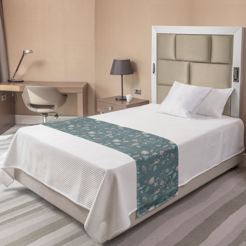 Twin Gray Polyester Satin Marine Print Bed Runner Set
